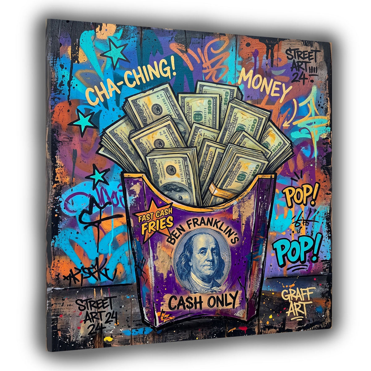 Scatola di patatine con dollari Cha Ching Pop Art Graffiti quadro