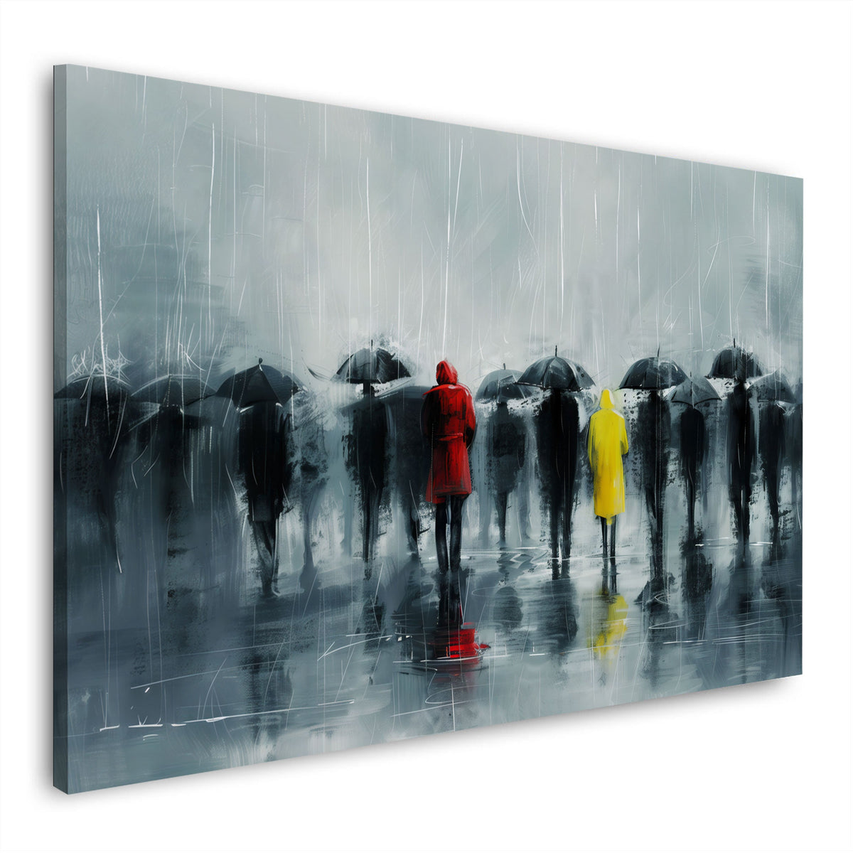 Scena di pioggia grigia con passanti e cappotti colorati quadro