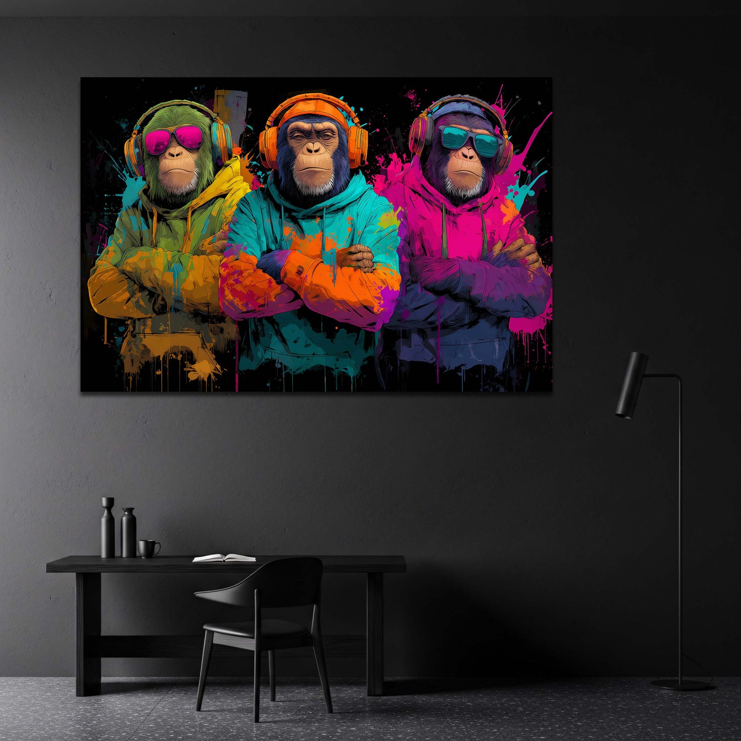Scimmie con felpe colorate e cuffie stile pop art neon quadro
