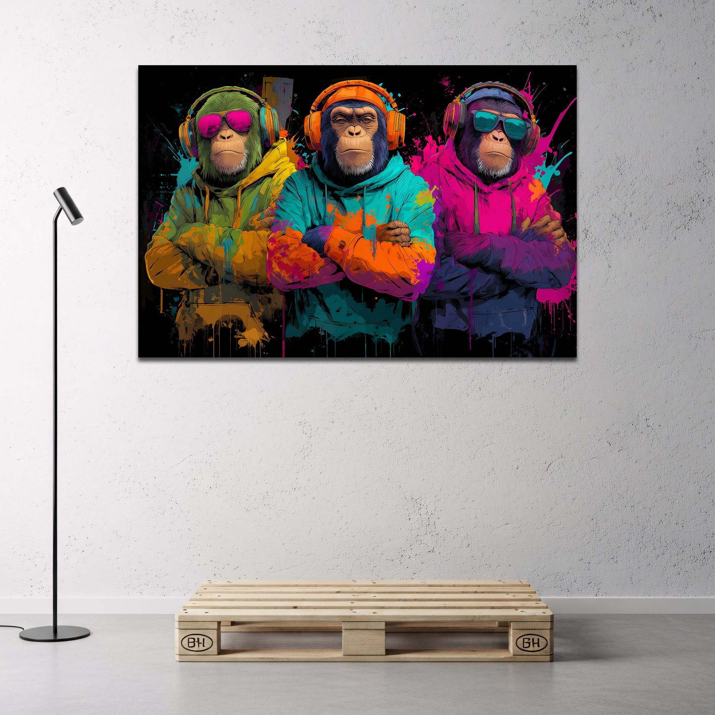 Scimmie con felpe colorate e cuffie stile pop art neon quadro