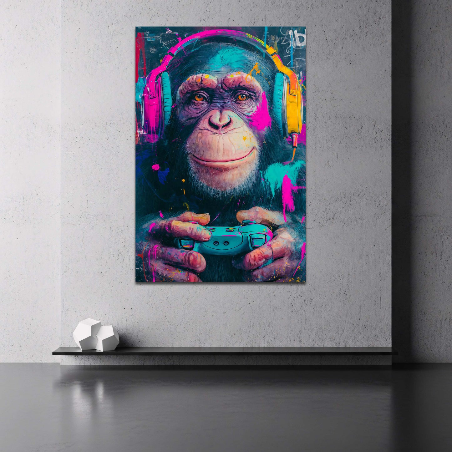 Scimpanzé con cuffie e gamepad in colori neon vivaci quadro