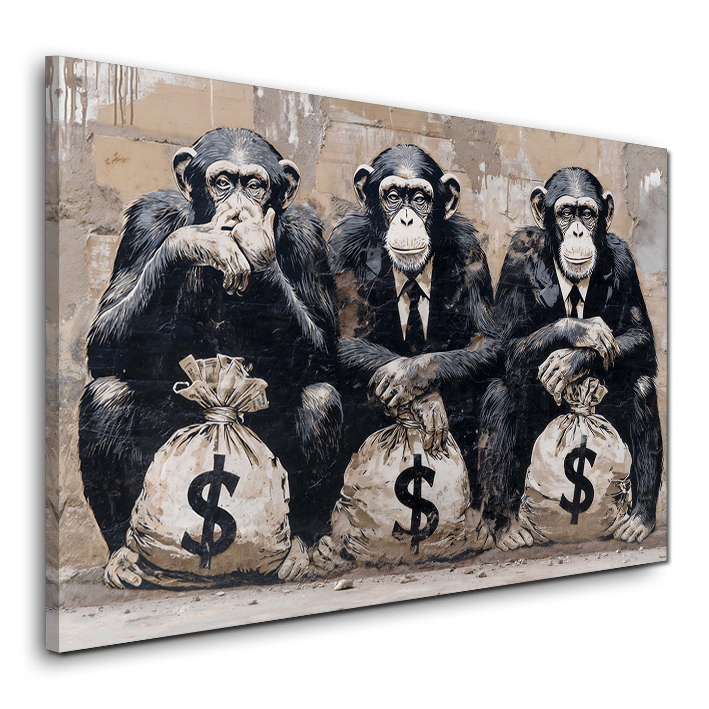 Scimpanzé uomini d'affari con sacchi di dollari graffiti quadro
