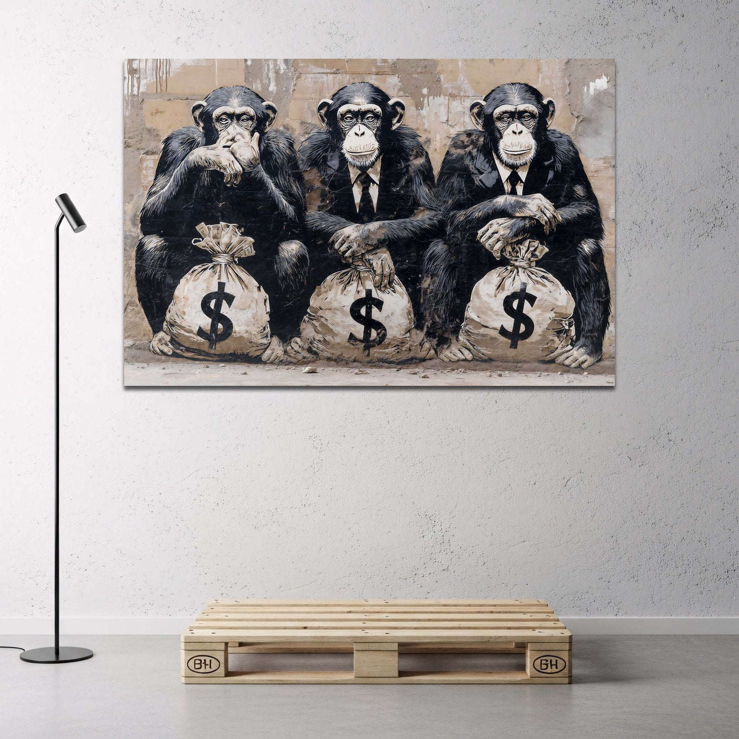 Scimpanzé uomini d'affari con sacchi di dollari graffiti quadro
