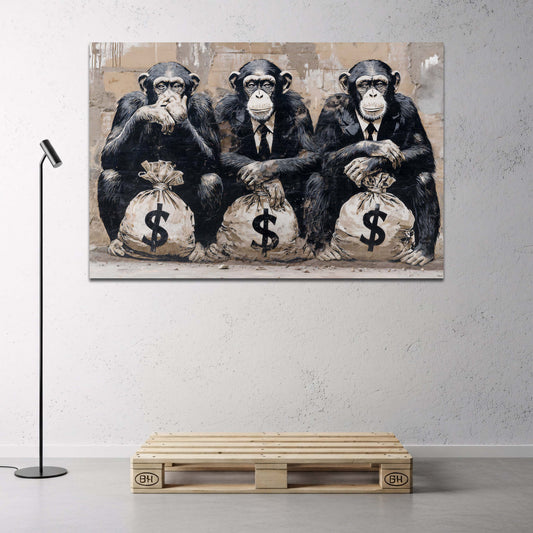 Scimpanzé uomini d'affari con sacchi di dollari graffiti quadro