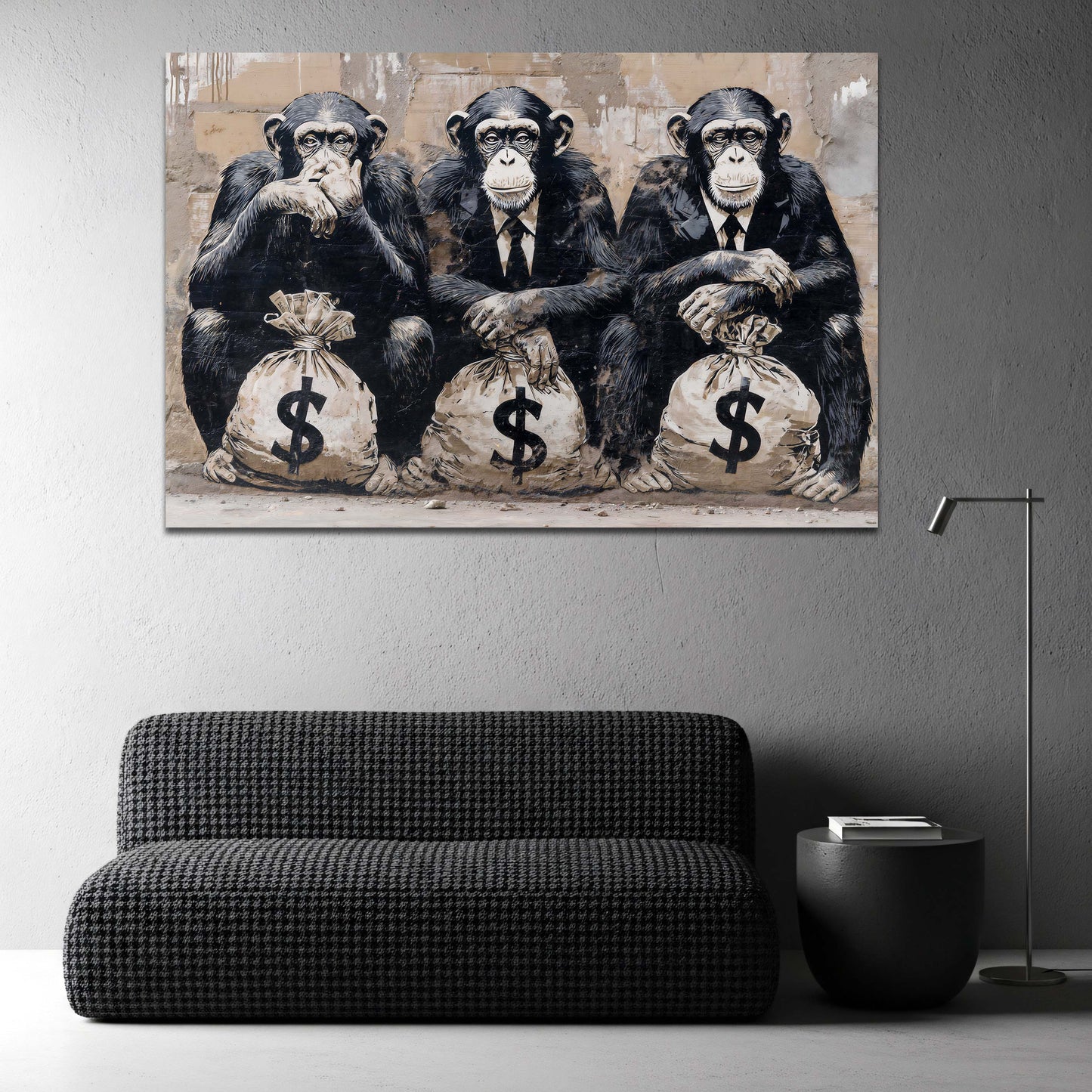 Scimpanzé uomini d'affari con sacchi di dollari graffiti quadro