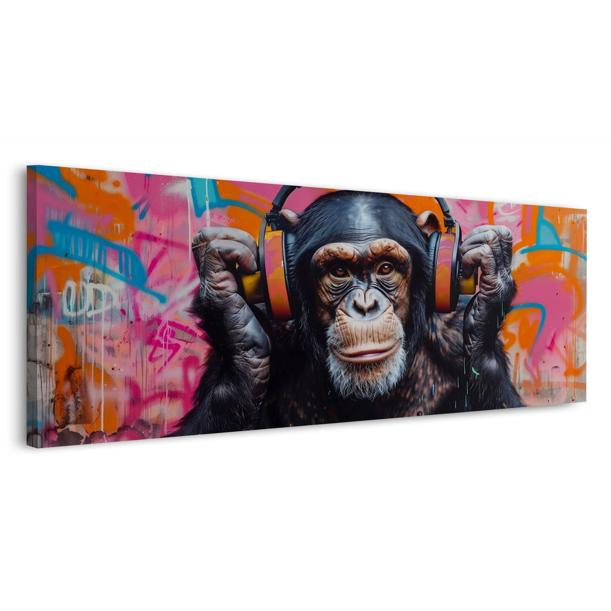 Scimpanzé con cuffie arancioni in stile graffiti panorama quadro