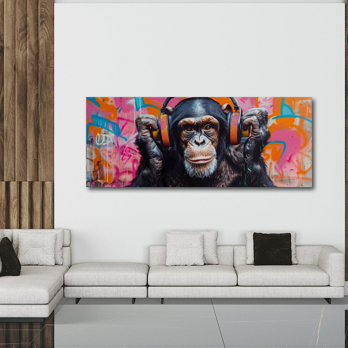 Scimpanzé con cuffie arancioni in stile graffiti panorama quadro