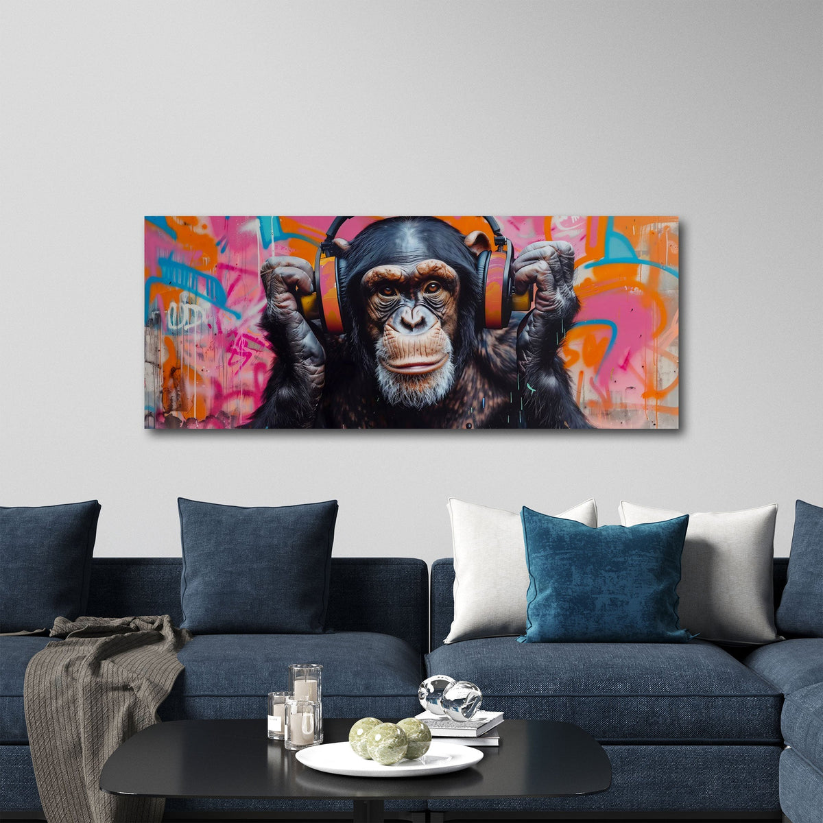 Scimpanzé con cuffie arancioni in stile graffiti panorama quadro