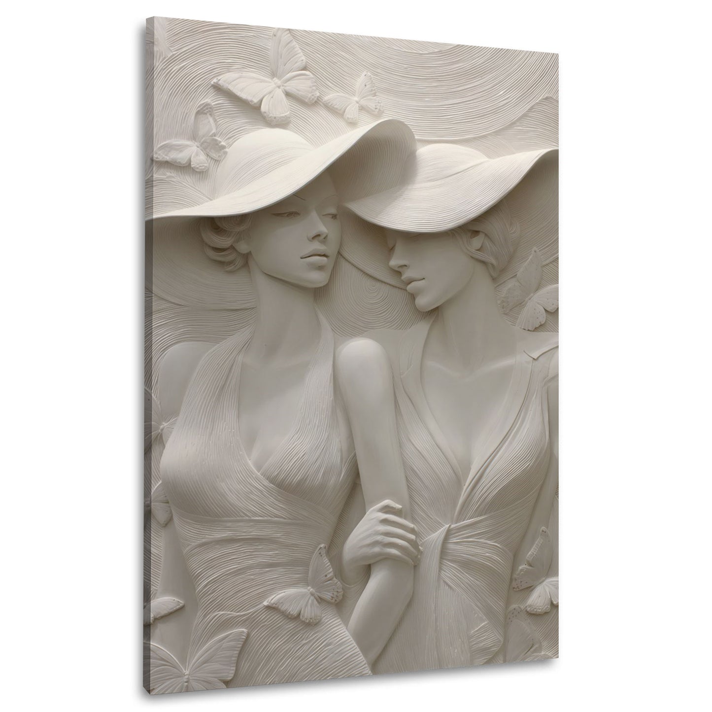 Scultura donne eleganti con cappelli grandi e farfalle quadro