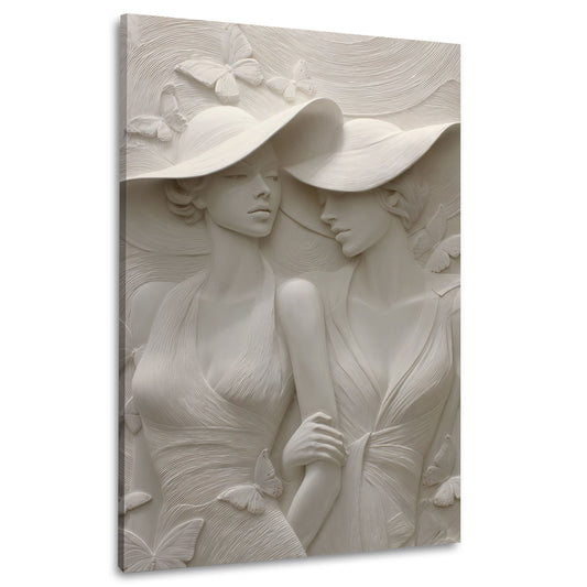 Scultura donne eleganti con cappelli grandi e farfalle quadro