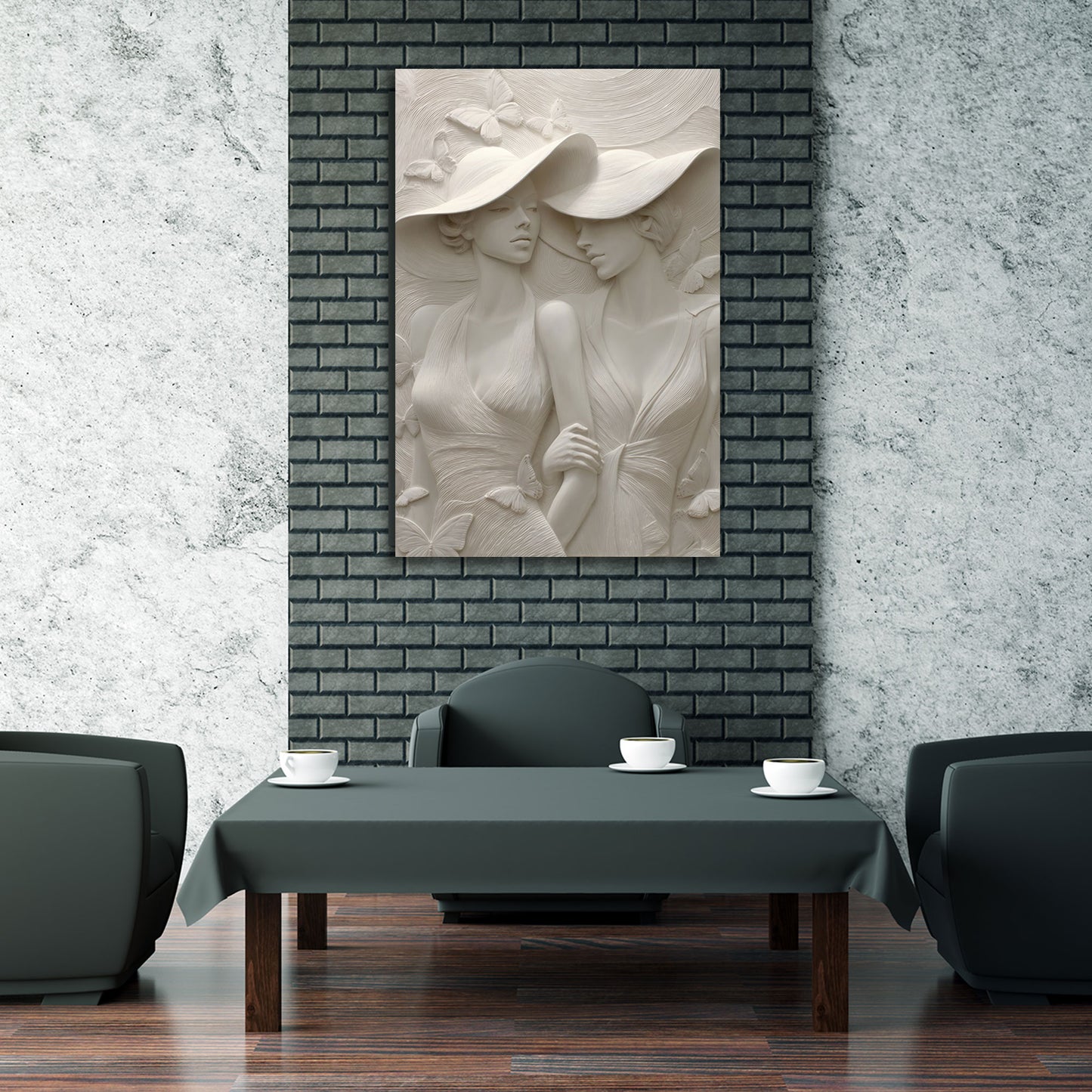 Scultura donne eleganti con cappelli grandi e farfalle quadro