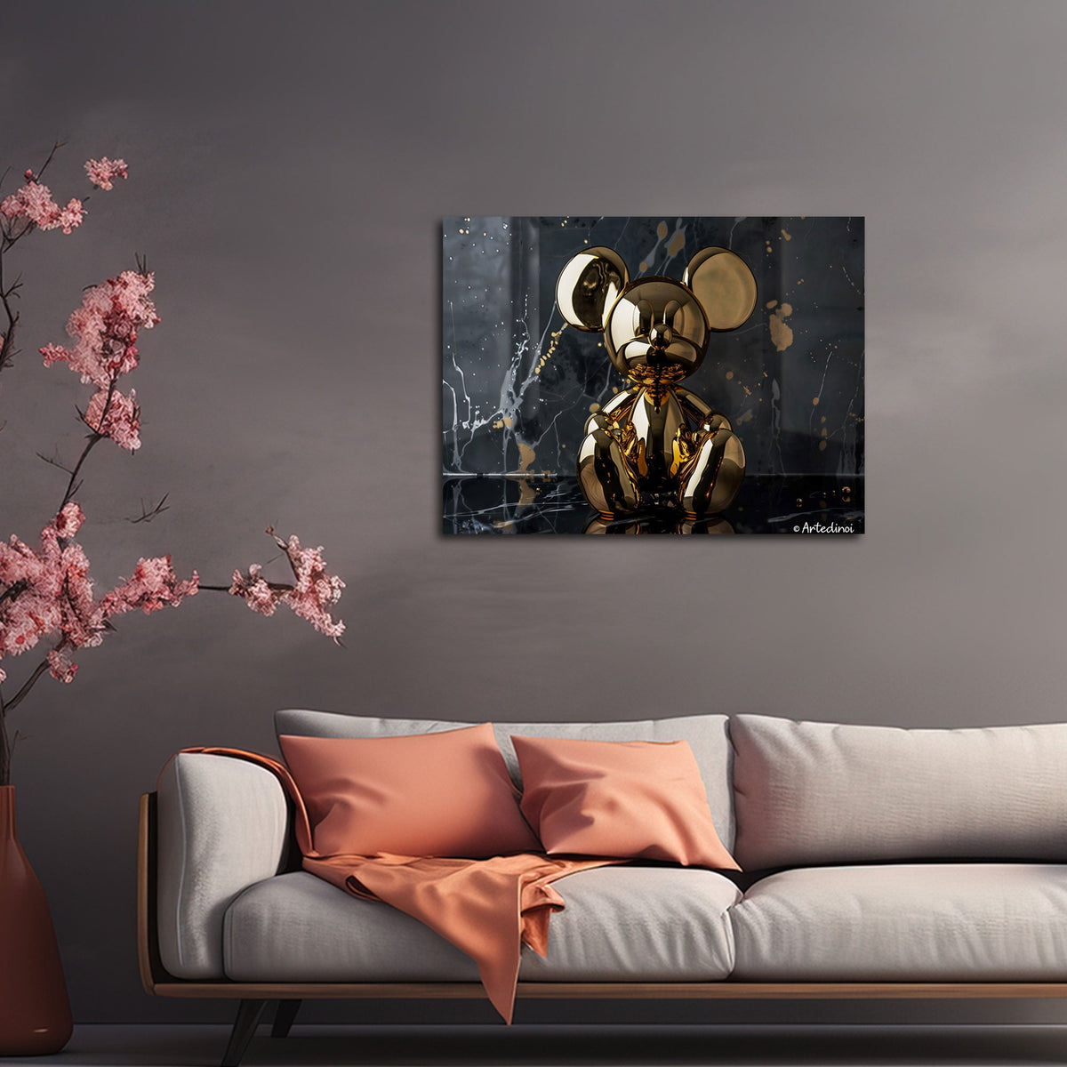 Scultura dorata di topo su marmo nero decorativo quadro