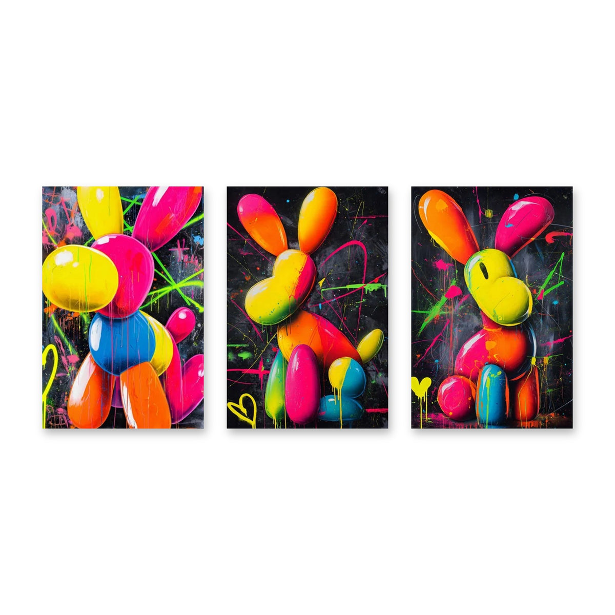 Set di 3 quadri Animali palloncino neon – tre stampe su tela