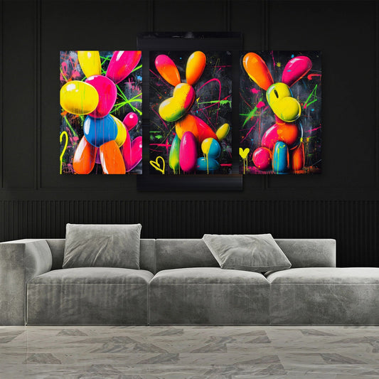 Set di 3 quadri Animali palloncino neon appesi in soggiorno sopra il divano
