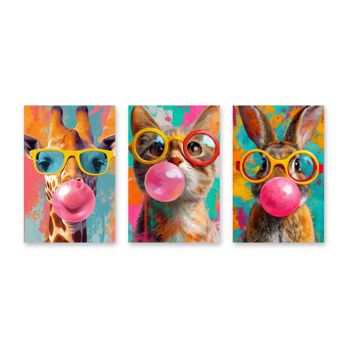 Set di 3 quadri Animali Pop Art con chewing gum – tre stampe su tela