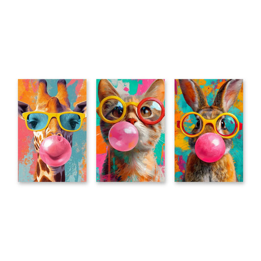 Set di 3 quadri Animali Pop Art con chewing gum – tre stampe su tela