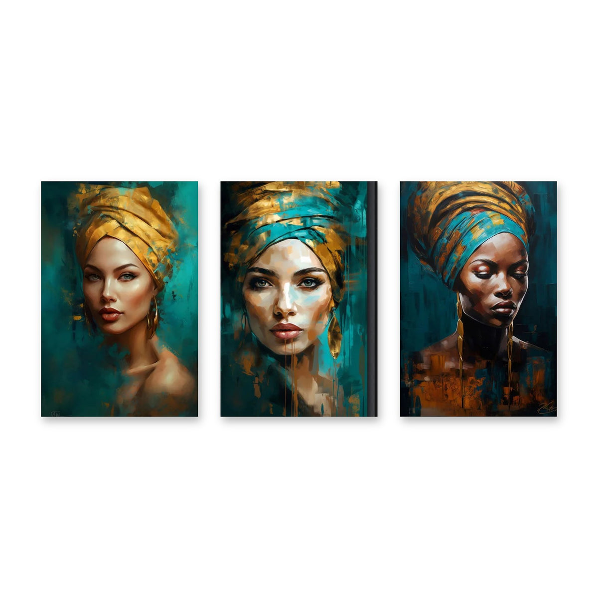 Set di 3 quadri Bellezza africana con turbante – tre stampe su tela