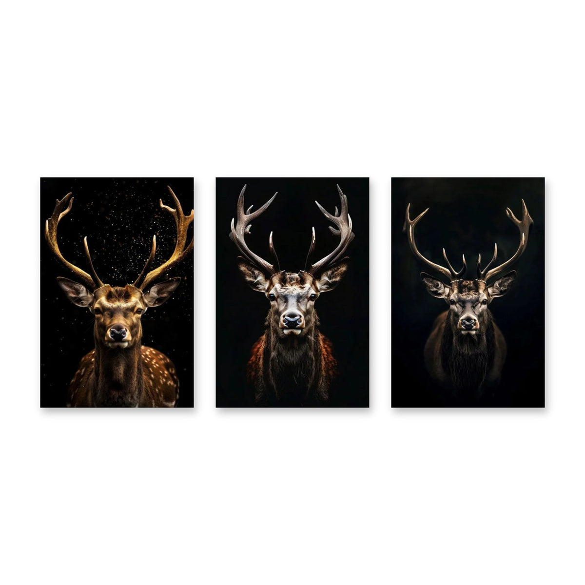 Set di 3 quadri Cervi eleganti su nero – tre stampe su tela