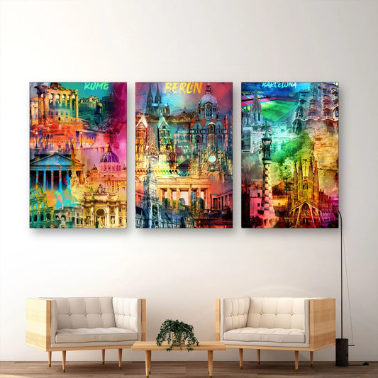 Set di 3 quadri Città europee Pop Art appesi in soggiorno sopra il divano