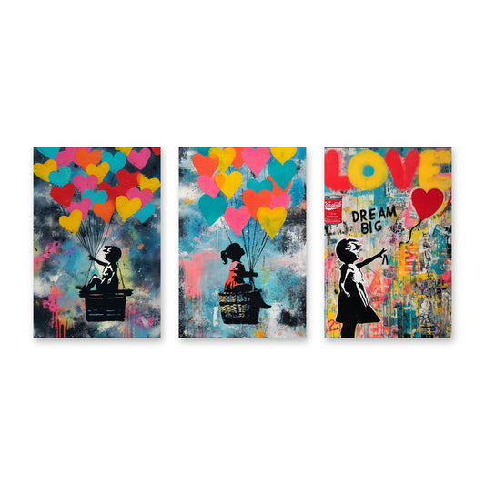 Set di 3 quadri Street Art amore e palloncini – tre stampe su tela