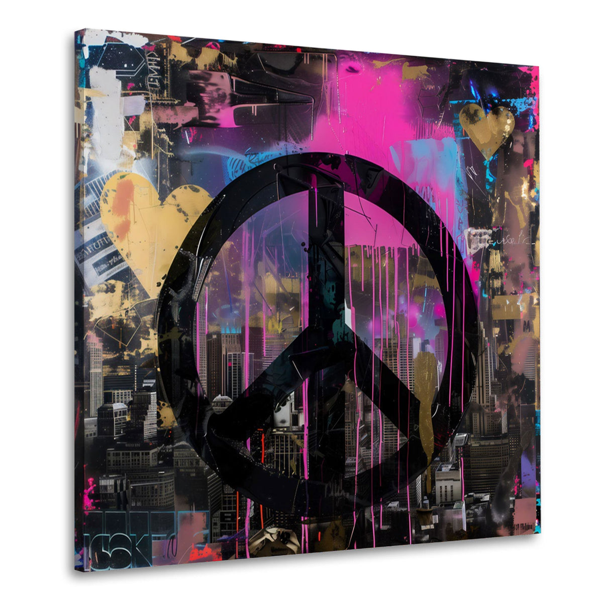 Simbolo della pace nero su muro graffiti rosa e oro quadro