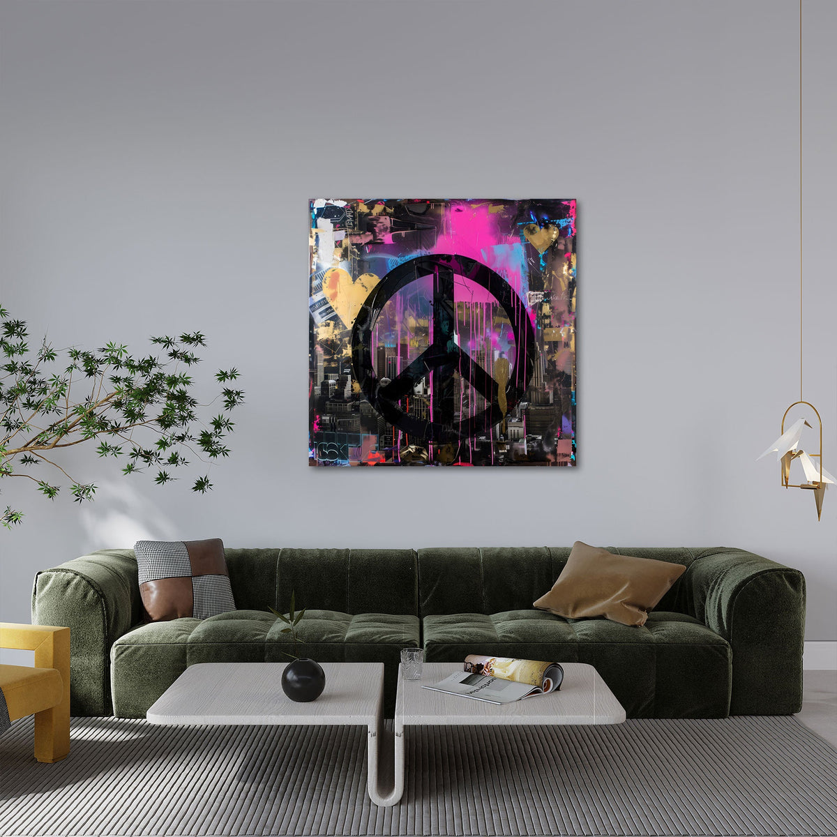 Simbolo della pace nero su muro graffiti rosa e oro quadro