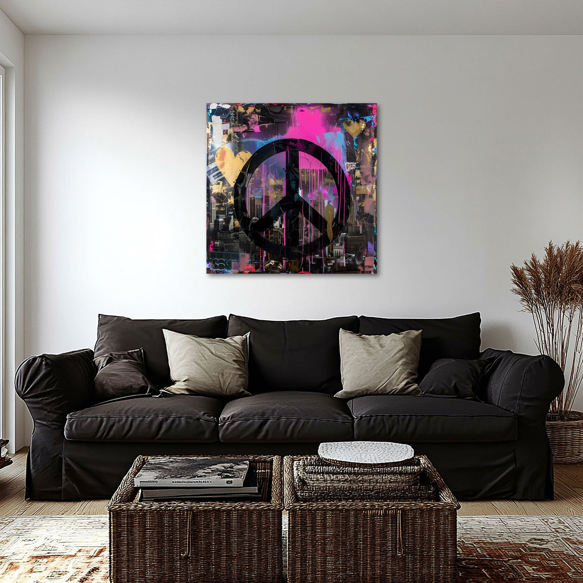 Simbolo della pace nero su muro graffiti rosa e oro quadro
