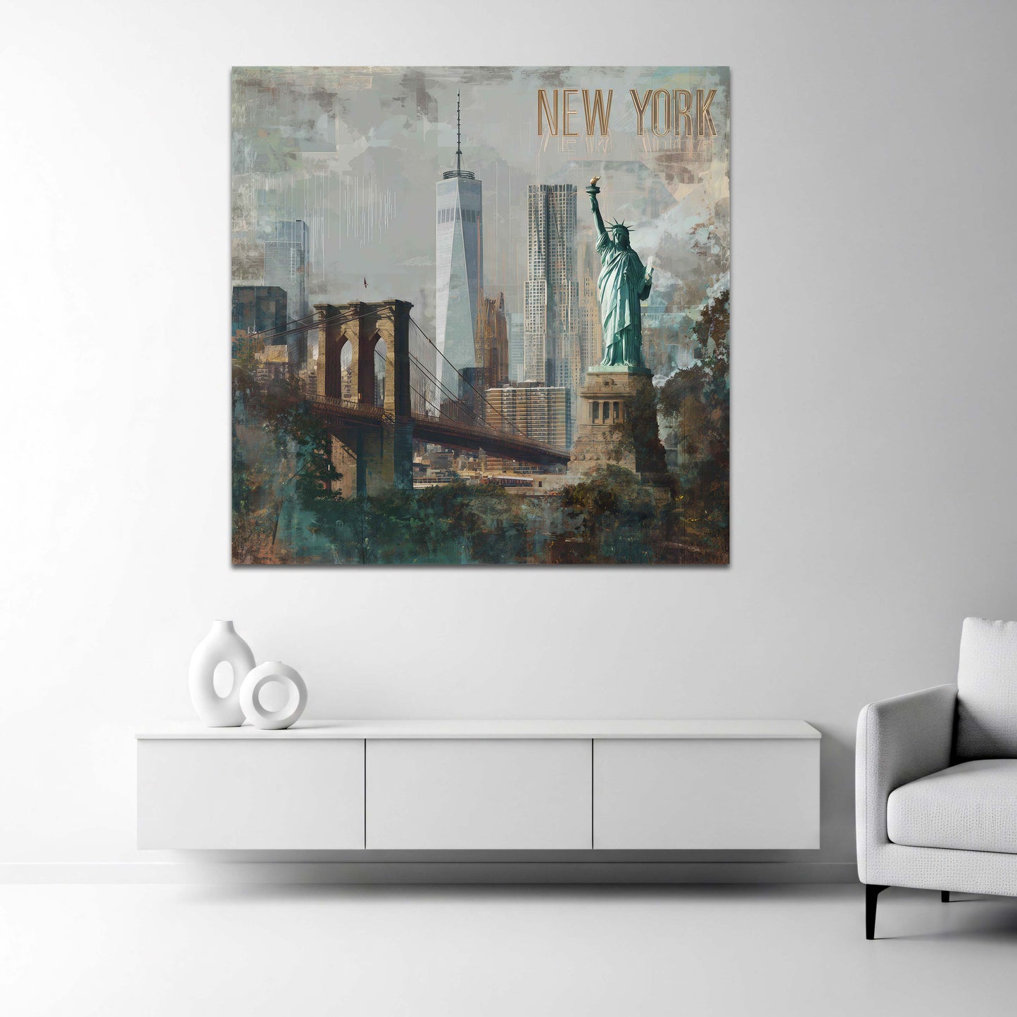 Statua della Libertà a New York con il Ponte di Brooklyn quadro