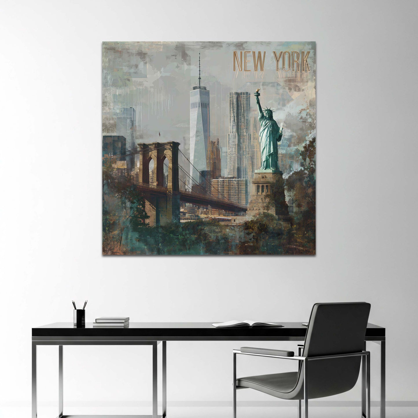 Statua della Libertà a New York con il Ponte di Brooklyn quadro
