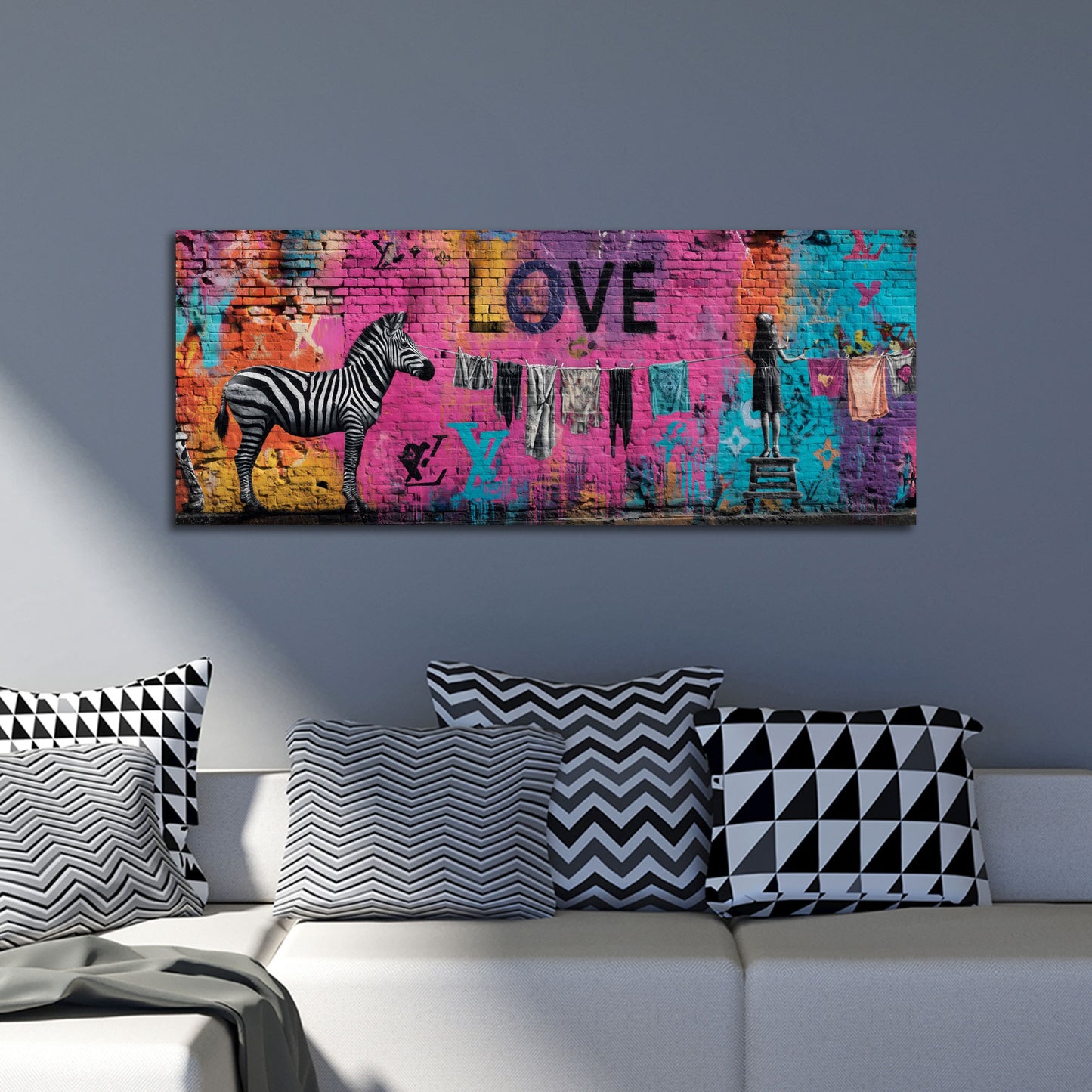 Street Art graffiti zebra scritta love bambina stendibiancheria quadro