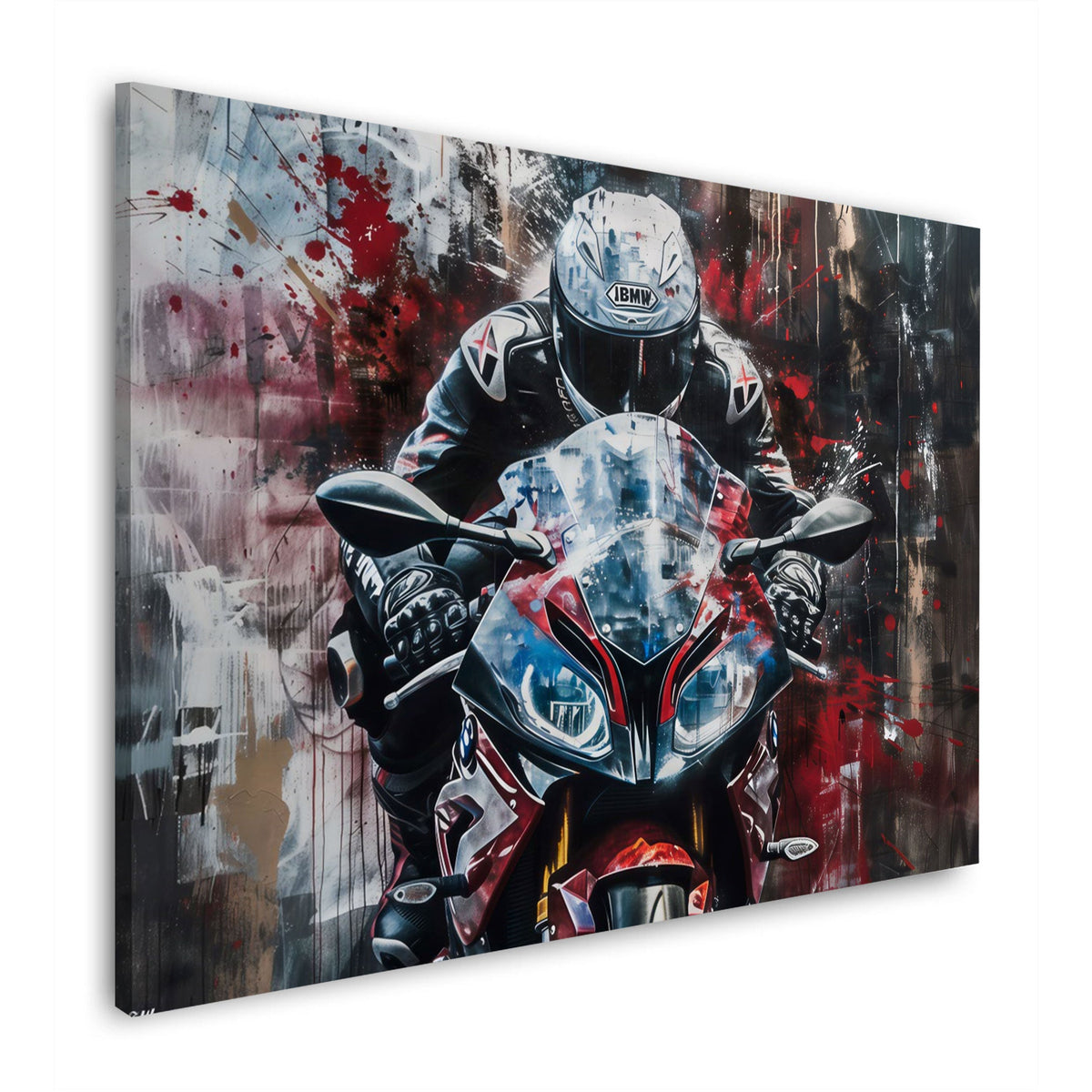 Superbike BMW con pilota in rosso e bianco Street Art quadro