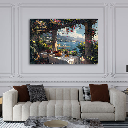 Terrazza italiana con frutta vista mare romantica quadro