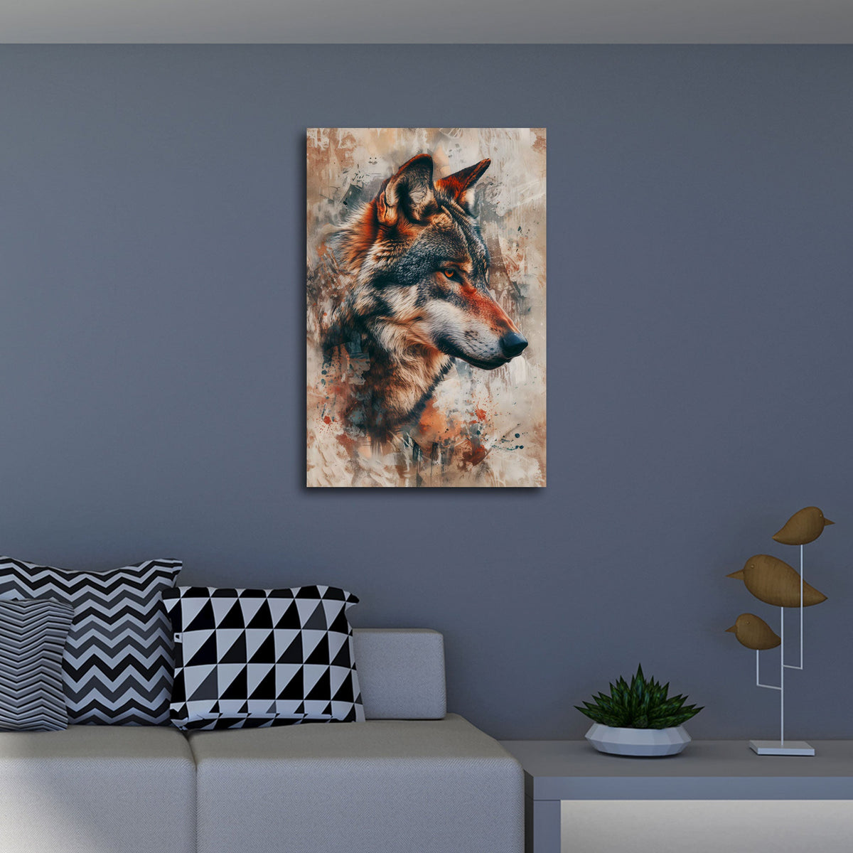 Testa di lupo in marrone e beige con tracce astratte quadro