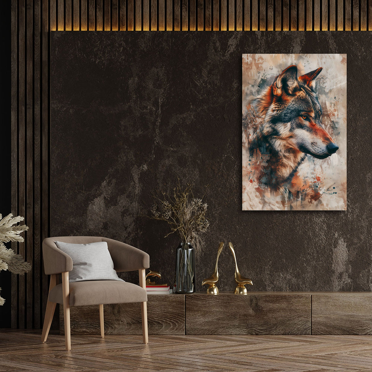 Testa di lupo in marrone e beige con tracce astratte quadro