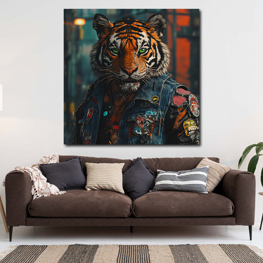 Tigre cyberpunk sguardo intenso giacca ribelle quadro