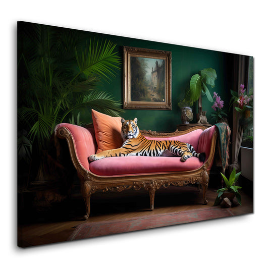 Tigre su divano velluto rosa interno elegante di lusso quadro