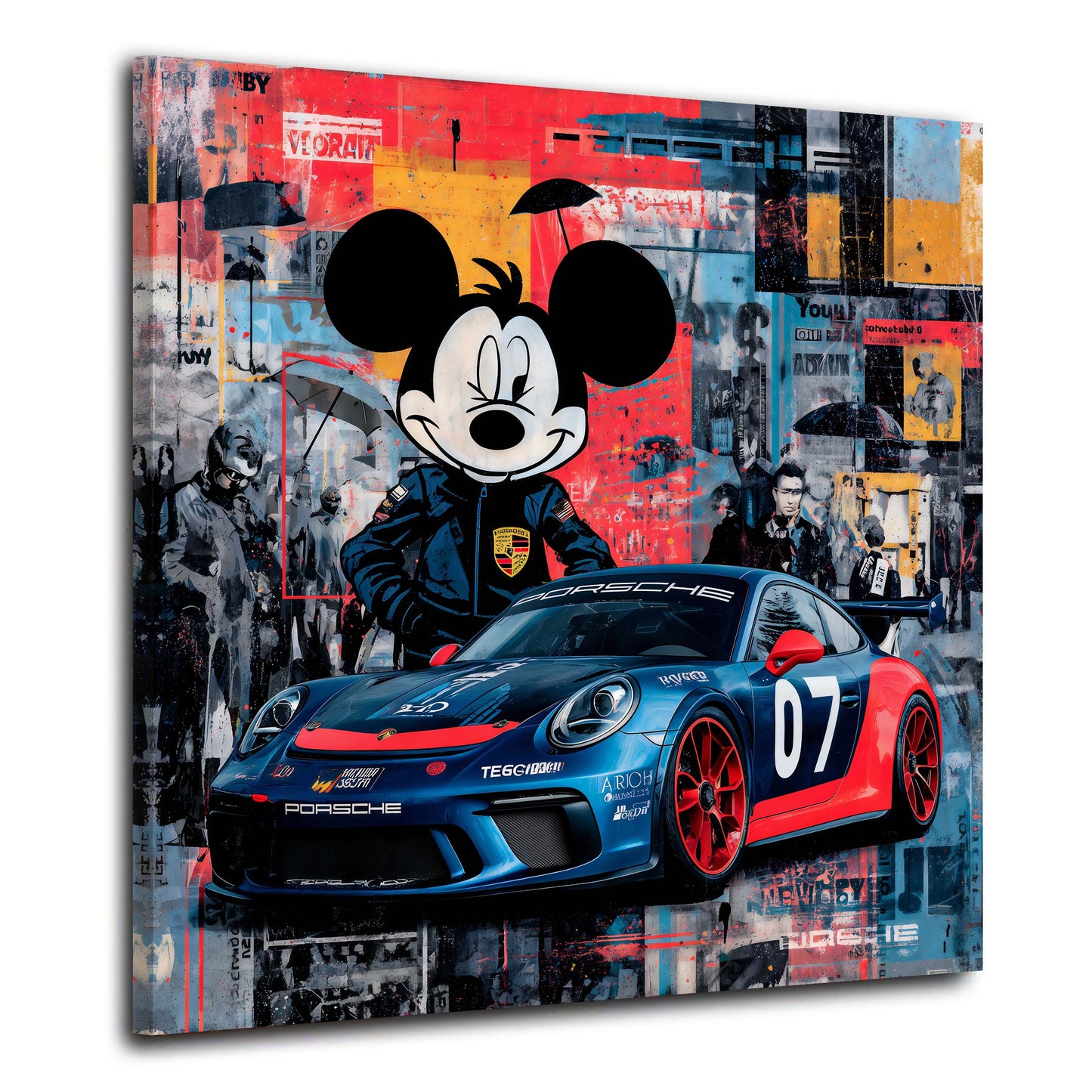 Topolino come pilota davanti alla Porsche da corsa quadro