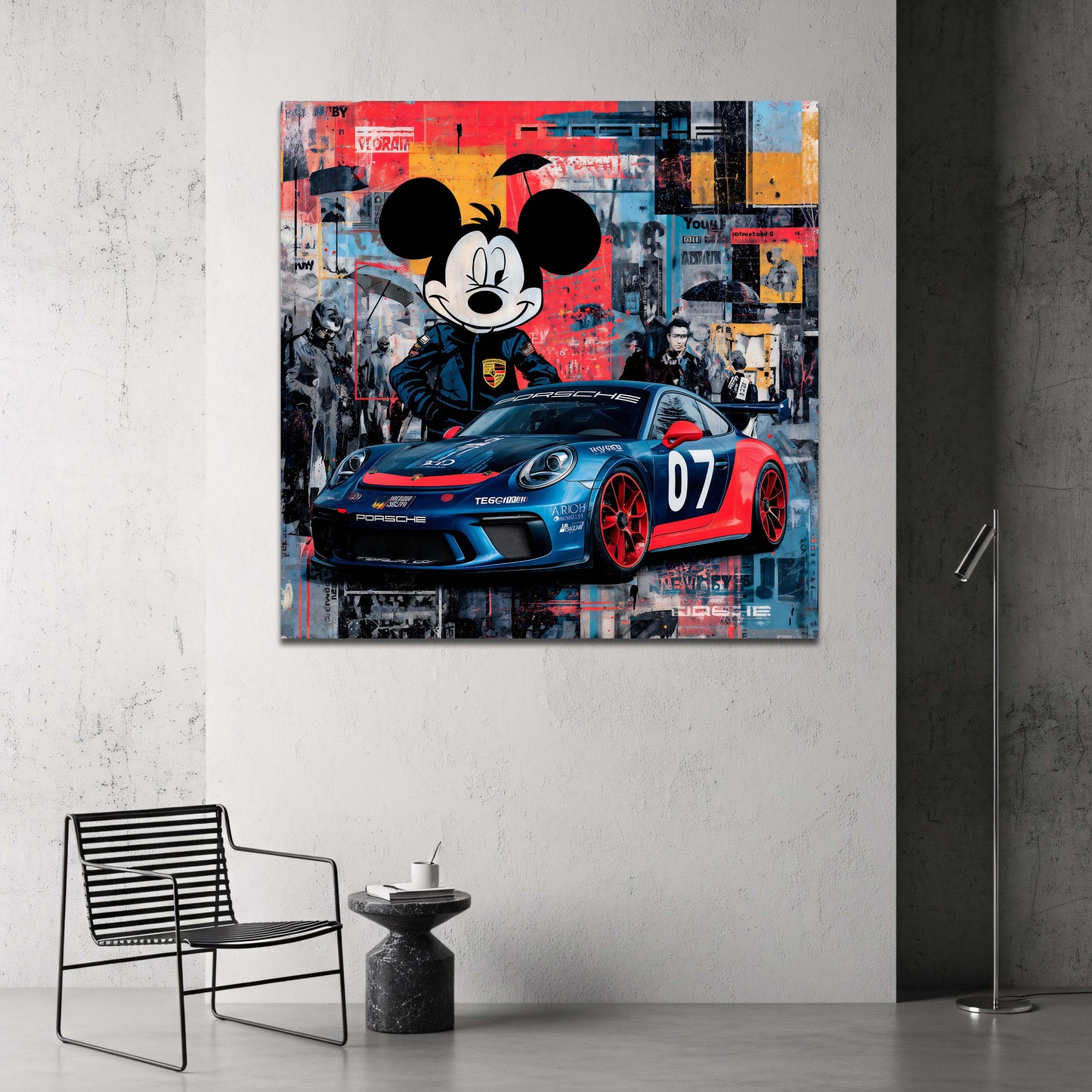 Topolino come pilota davanti alla Porsche da corsa quadro