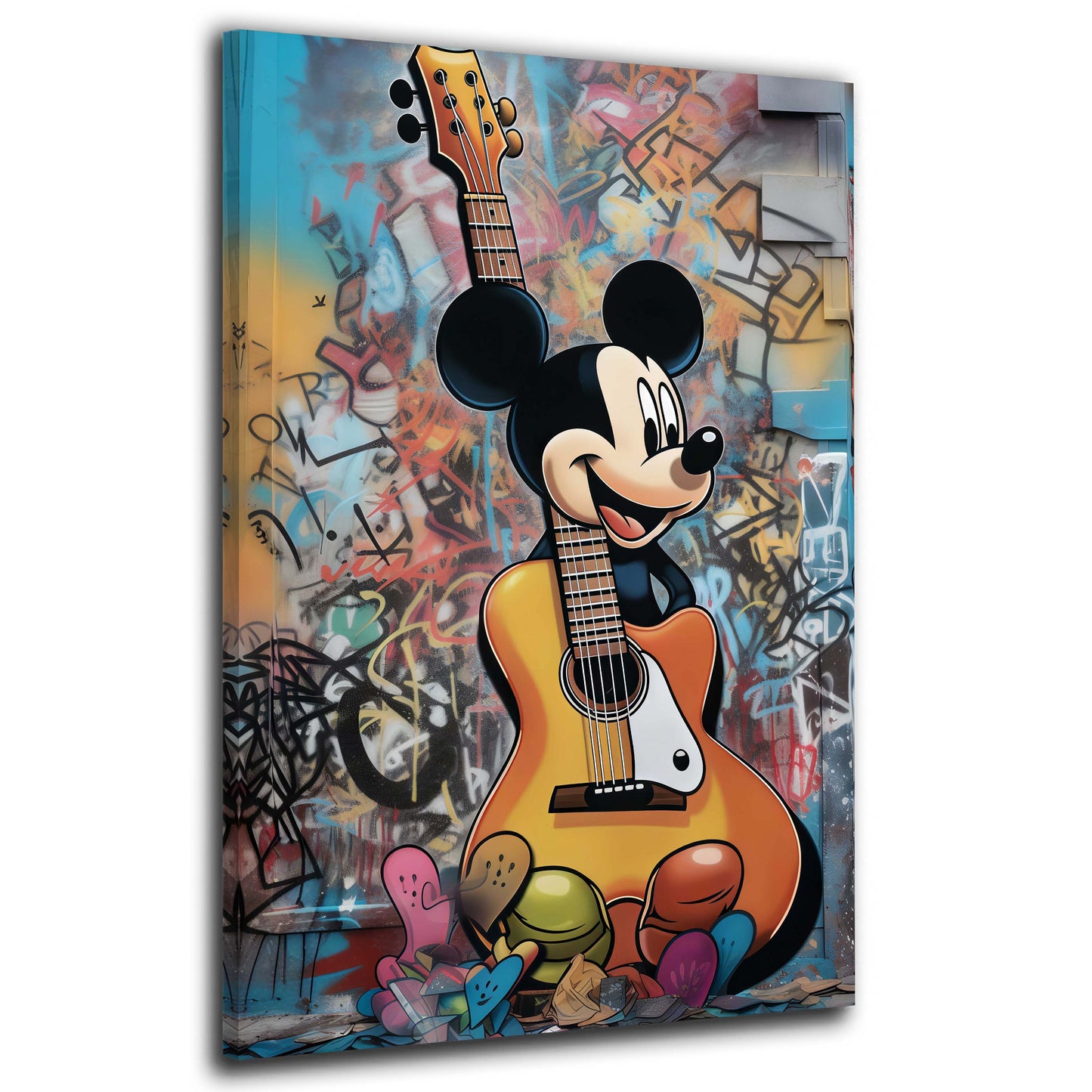 Topolino con chitarra gigante su muro graffiti colorato quadro