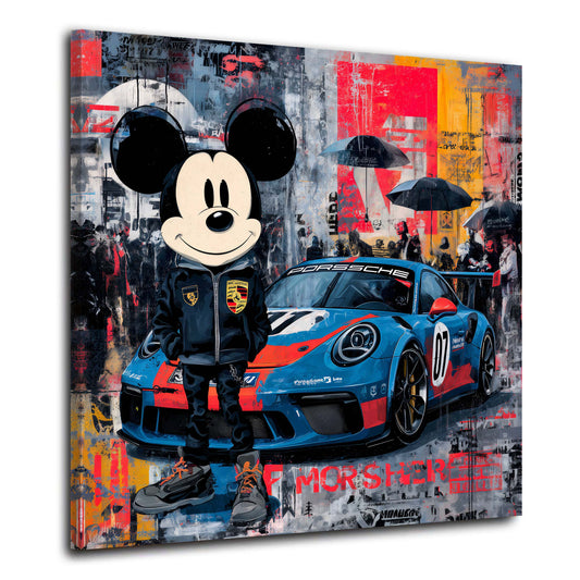 Topolino con Porsche da corsa pop art e graffiti colorato quadro