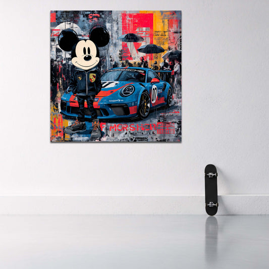 Topolino con Porsche da corsa pop art e graffiti colorato quadro