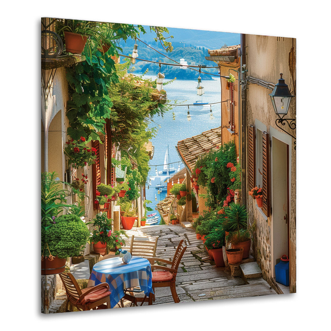 Toscana vicolo fiorito vista mare caffè quadro