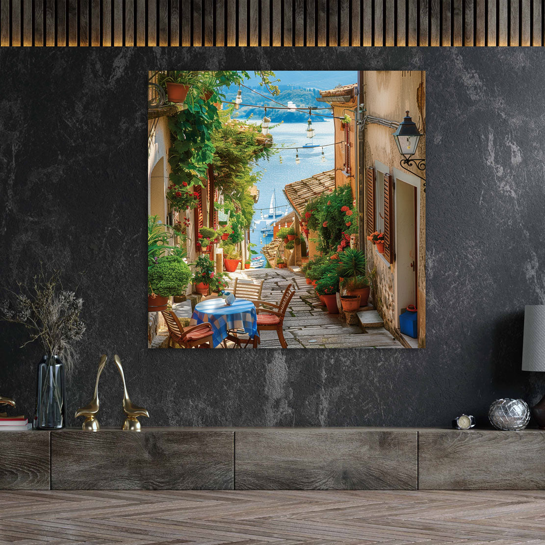 Toscana vicolo fiorito vista mare caffè quadro