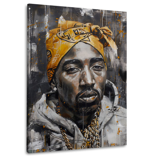 Tupac con bandana dorata ritratto iconico quadro