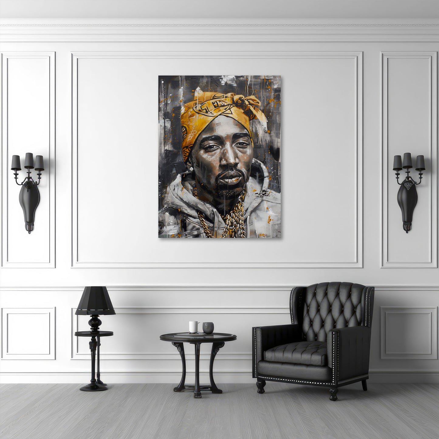 Tupac Shakur con bandana dorata ritratto iconico quadro