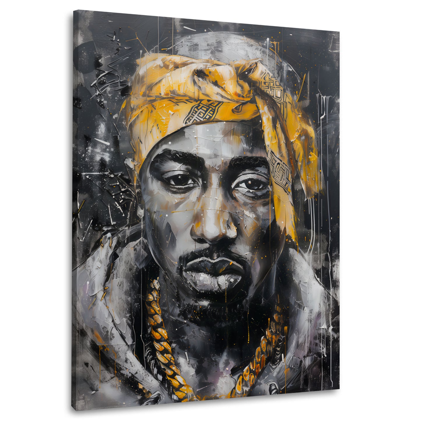 Tupac Shakur ritratto elegante in nero e oro con bandana quadro