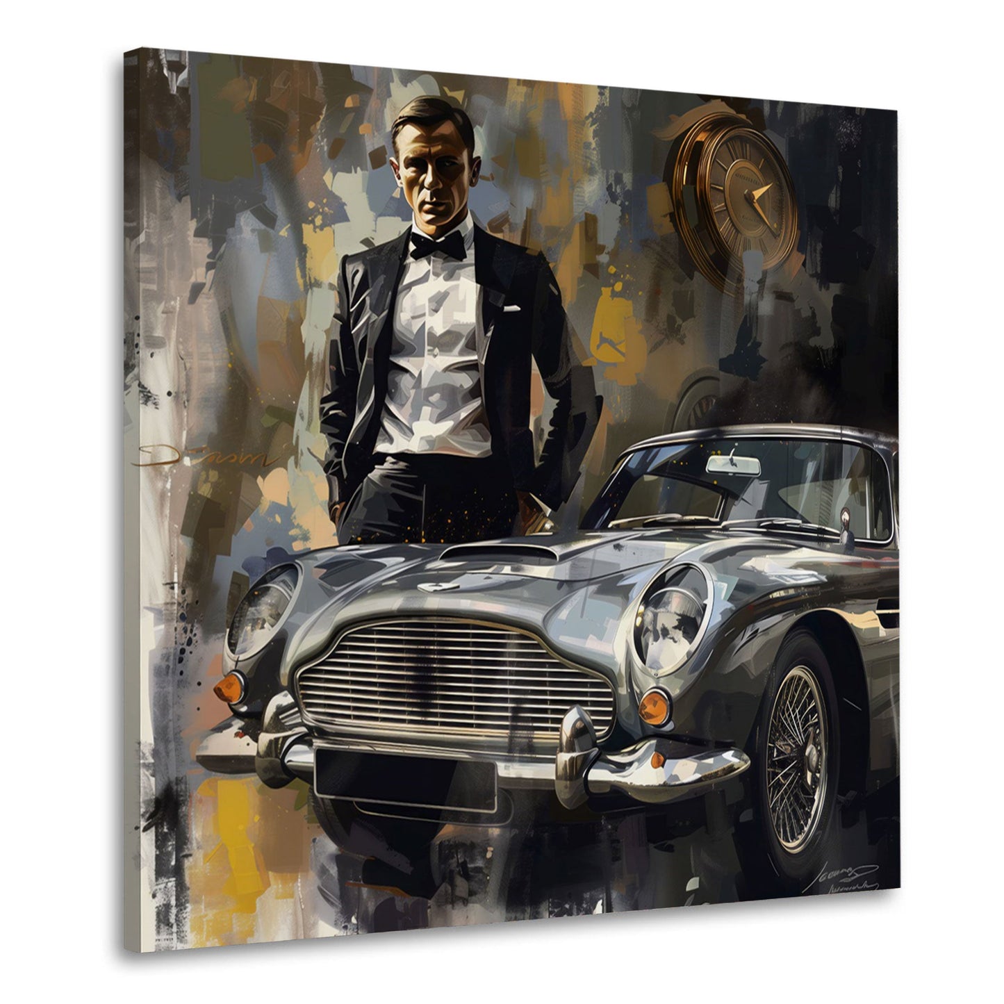 Uomo elegante stile Bond con auto classica arte moderna quadro