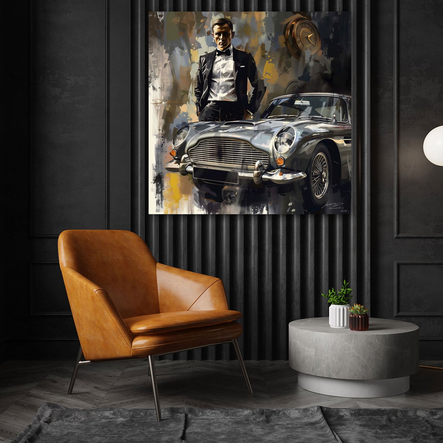 Uomo elegante stile Bond con auto classica arte moderna quadro