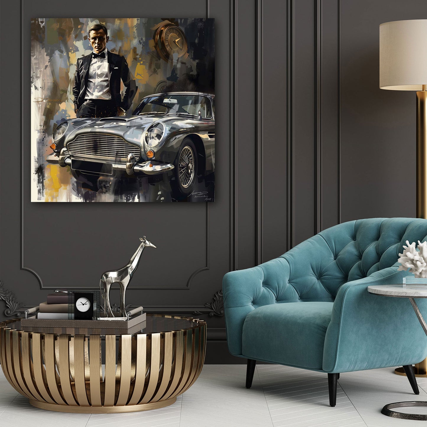 Uomo elegante stile Bond con auto classica arte moderna quadro