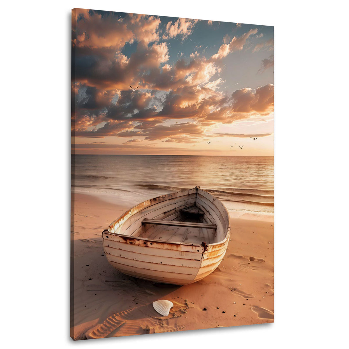Vecchia barca di legno sulla spiaggia al tramonto quadro